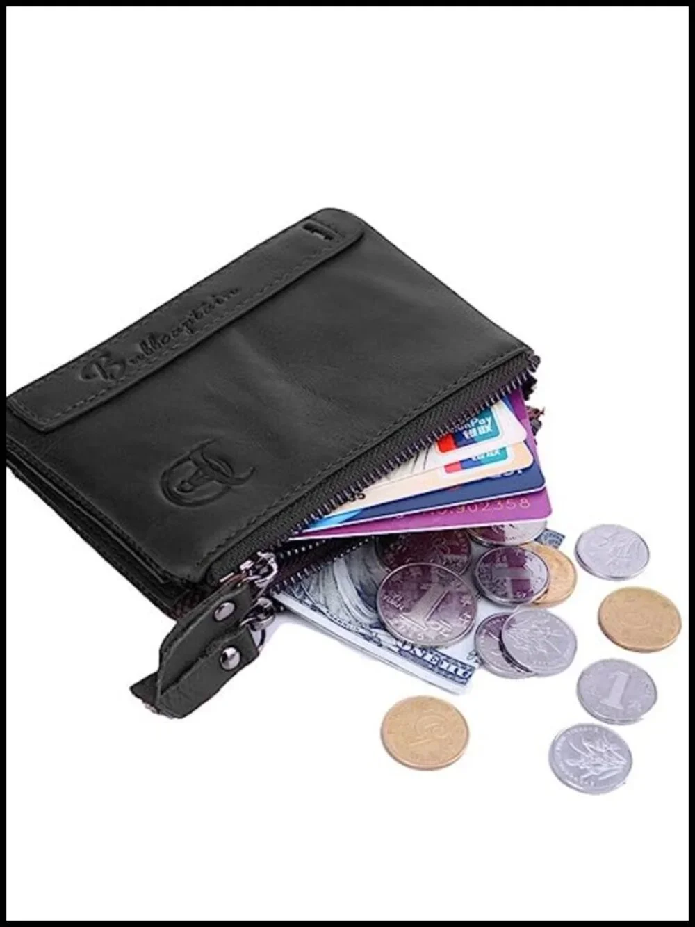 Genuine Leather Bifold Wallet with Double Zipper Pockets